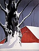 Eyvind Earle, Red Barn and Tree Snow
